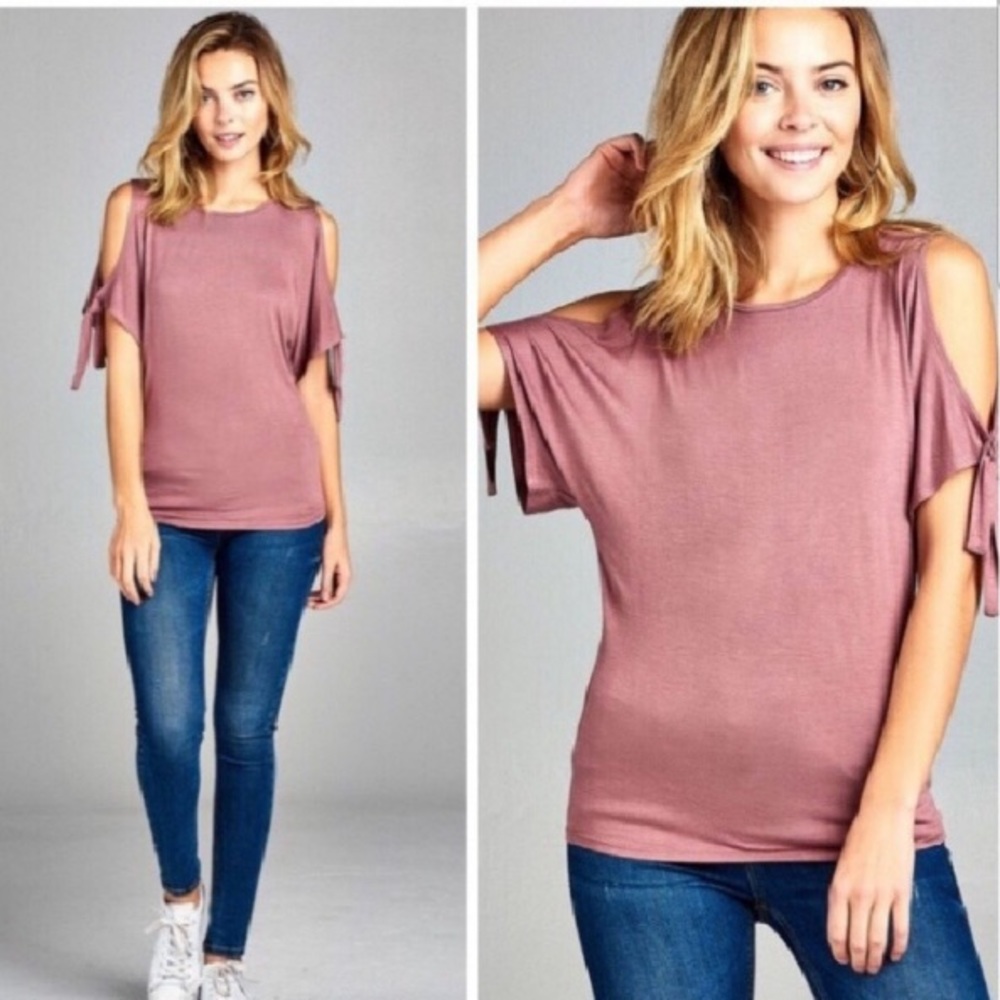 Women’s mauve cold shoulder top, tie sleeve, NEW